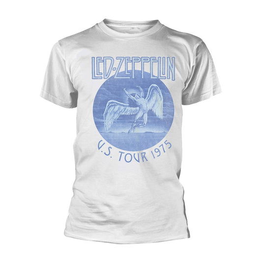 White t-shirt with a blue Led Zeppelin 1975 US Tour graphic featuring an angel.