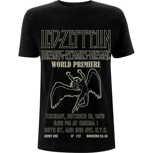 Black Led Zeppelin t-shirt featuring a winged figure and 1976 movie premiere ticket design.