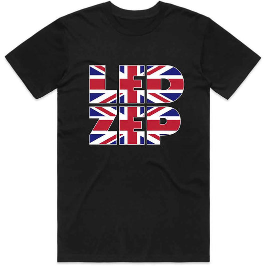Black t-shirt with “Led Zeppelin” in a Union Jack flag design.