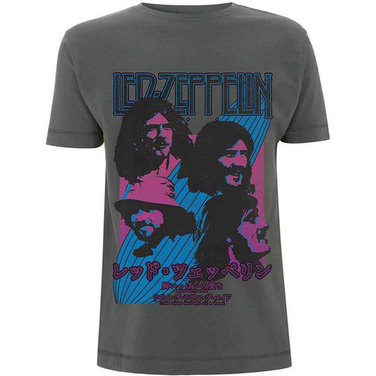 Charcoal t-shirt featuring Led Zeppelin’s band members and Japanese text.