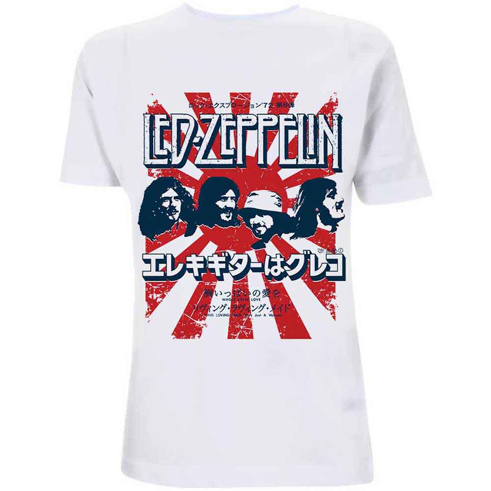 A man wearing a white Led Zeppelin t-shirt with a red sunburst graphic.