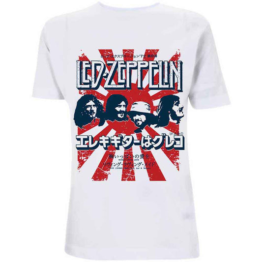 A man wearing a white Led Zeppelin t-shirt with a red sunburst graphic.