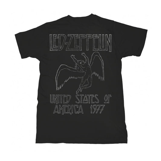 Black t-shirt with white graphic of Led Zeppelin’s 1977 US tour.