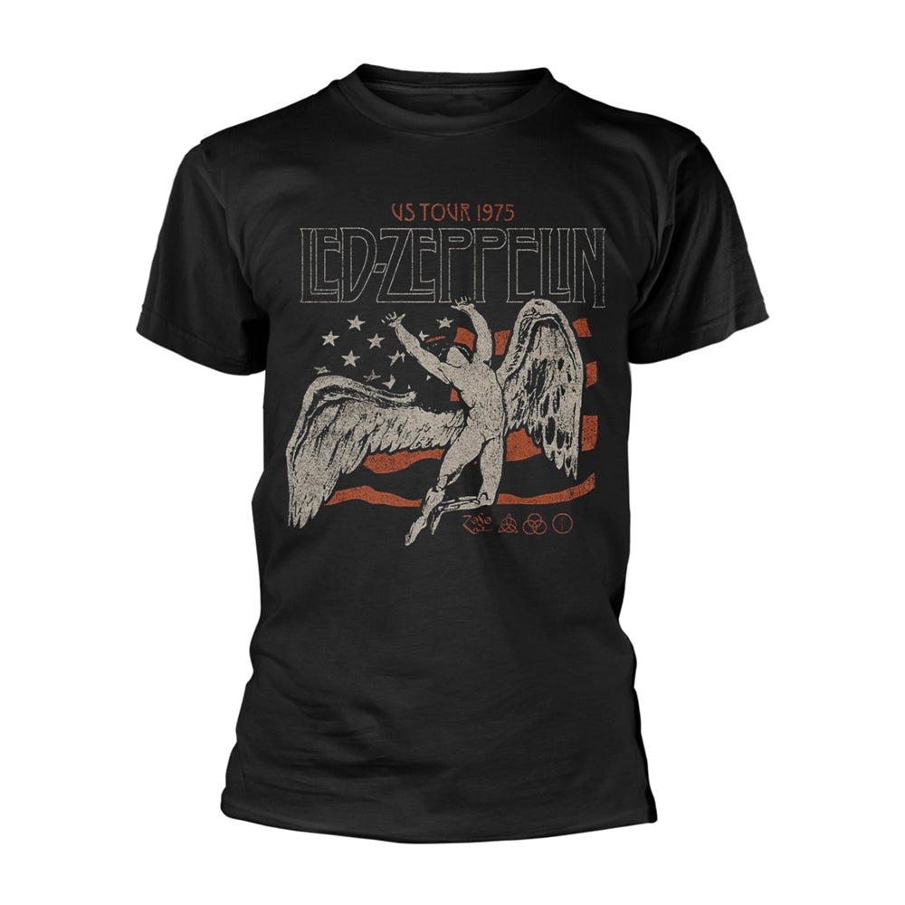 Black Led Zeppelin US 1975 Tour t-shirt featuring Icarus and an American flag graphic.