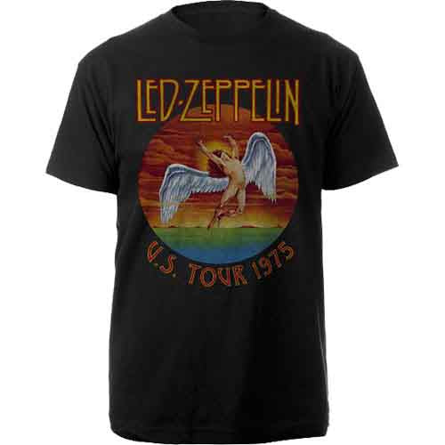 Black t-shirt with Led Zeppelin’s 1975 USA tour winged figure design.