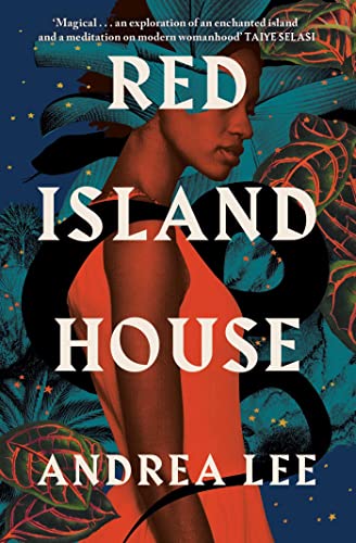 Book cover: "Red Island House" with a portrait of a woman and floral design.