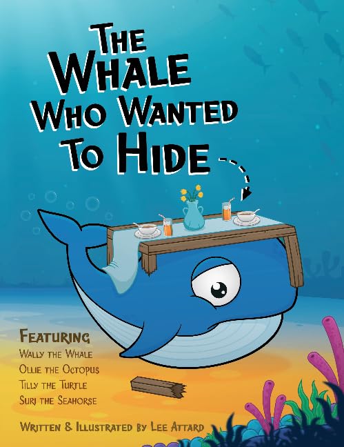 Blue whale with a table on its back in an underwater scene.
