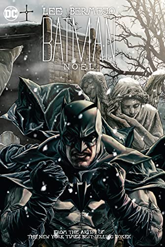 Batman in a snowy graveyard, cape flowing, dramatic comic book cover.
