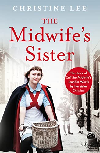 Book cover showing a midwife on a bicycle with a red circular text overlay.
