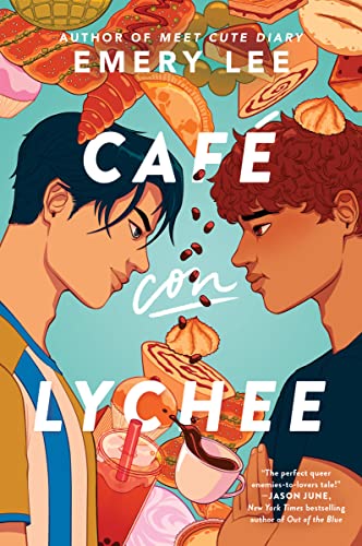 Book cover: "Café Con Lychee" featuring two young men and food illustrations.