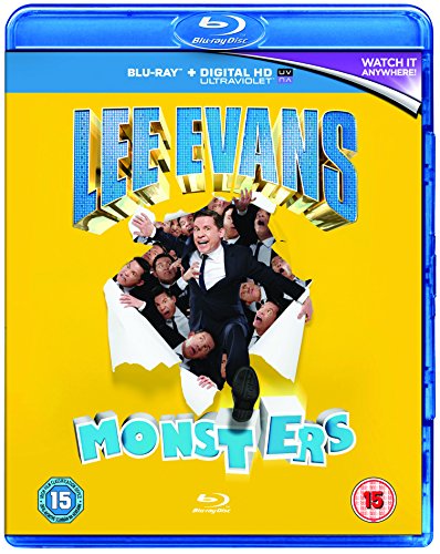 Blu-ray cover for "Lee Evans - Monsters Live" featuring a comedic image.