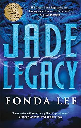 Book cover for Jade Legacy by Fonda Lee featuring blue dragon imagery and lightning.