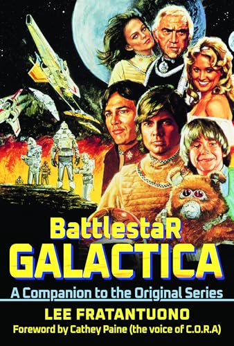 Battlestar Galactica book cover featuring characters and spaceships, with title text.