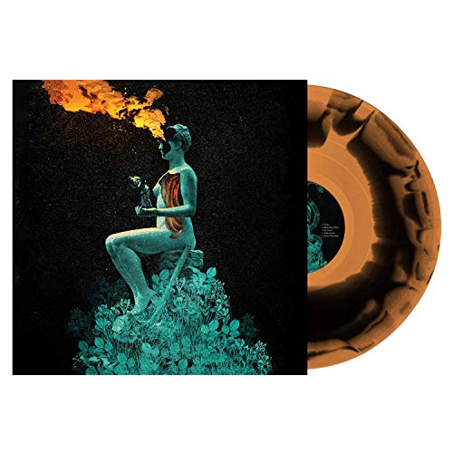 Lee Gamble LP cover with a statue and orange/black swirl vinyl record.