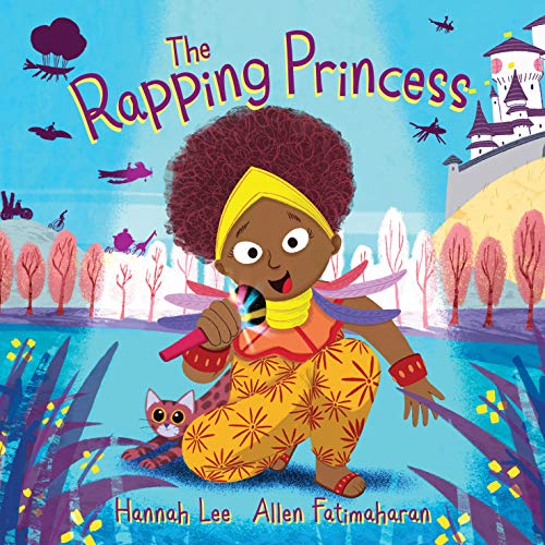A girl with a large afro holding a microphone with a cat nearby.