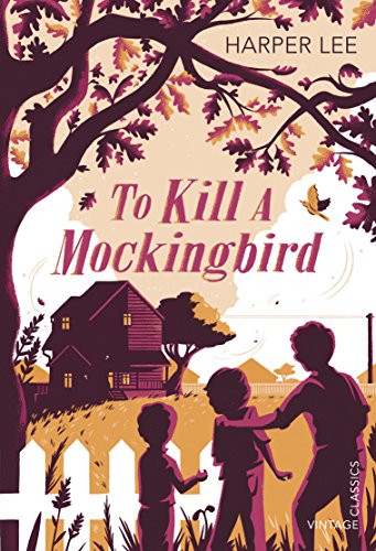 Book cover for "To Kill a Mockingbird" with a house, tree, and children.