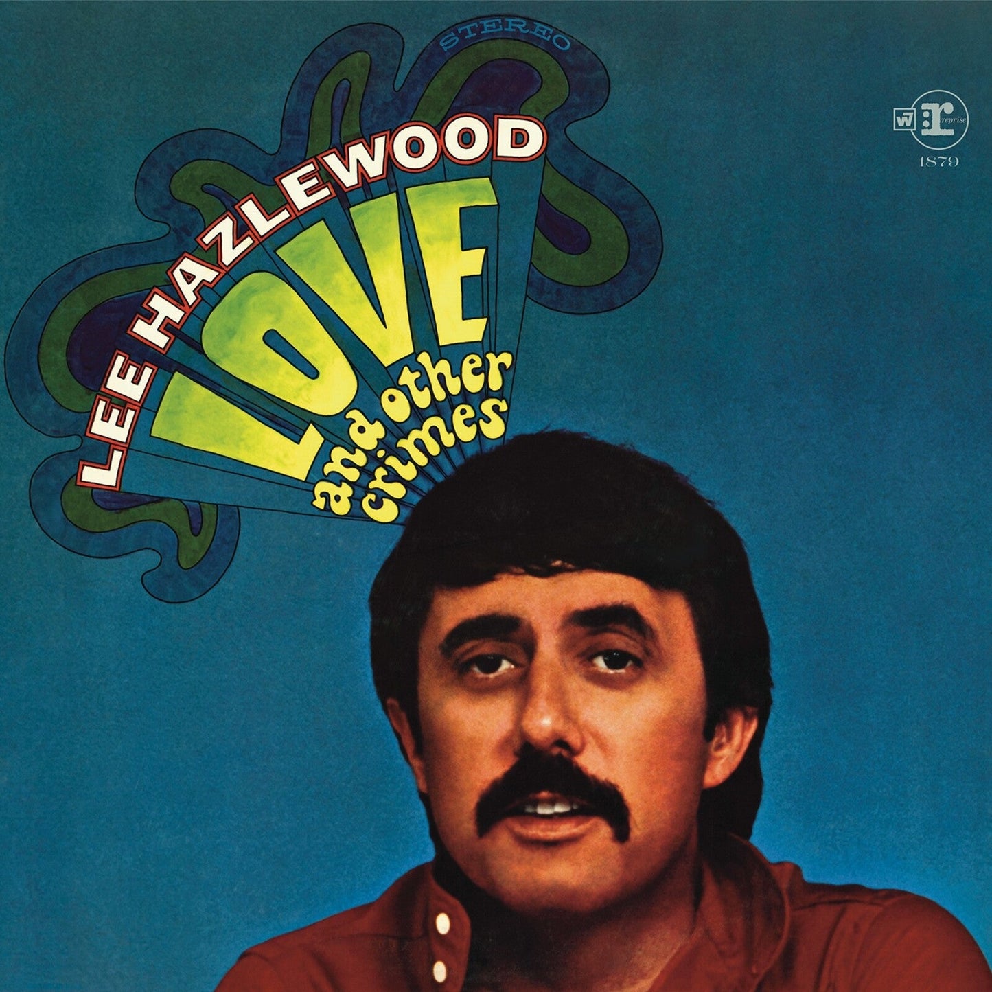 Album cover featuring Lee Hazlewood with a mustache below stylized text on blue background.