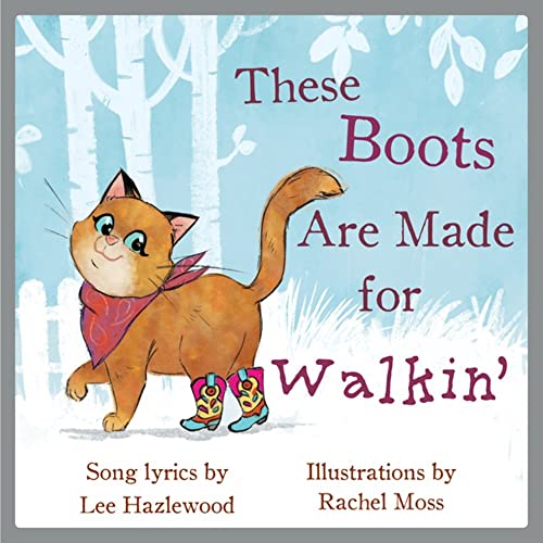 Orange cat in boots walks through a snowy, illustrated forest.