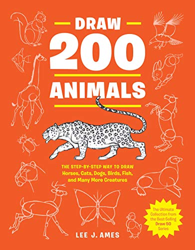 Book cover with line drawings of various animals and large text "DRAW 200 ANIMALS".
