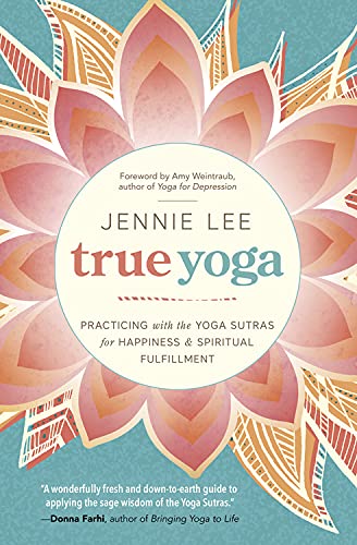 Book cover: "True Yoga" with a colorful lotus flower design.