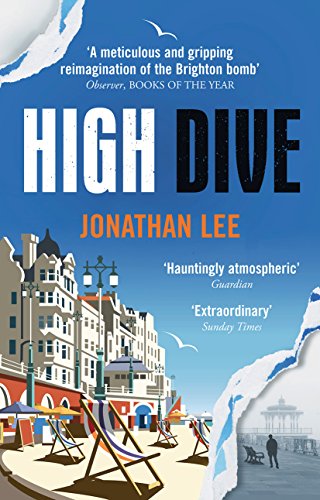 Book cover: "High Dive" with a seaside town illustration and torn paper edges.