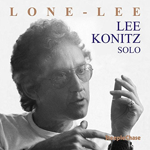 "Album cover with black-and-white photo of Lee Konitz and text."
