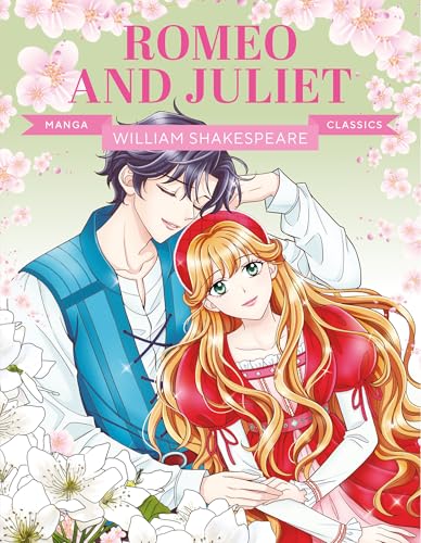 Manga-style illustration of Romeo and Juliet embracing amidst pink and white cherry blossoms.