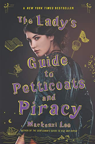 Book cover: woman in dark coat, illustrated objects, purple and gold text.