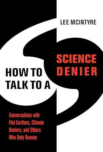 Book cover with black and white swirl design, red text: “Science Denier.”
