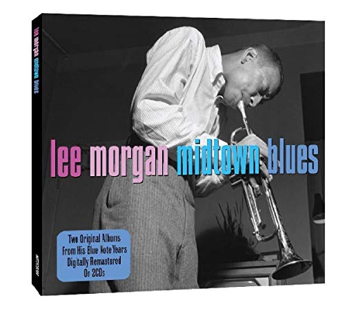 Black and white photo of Lee Morgan playing a trumpet on a CD cover.