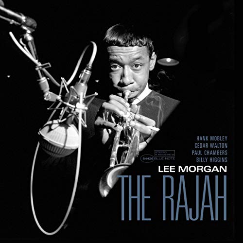 Lee Morgan playing trumpet, album cover for "The Rajah" vinyl record.