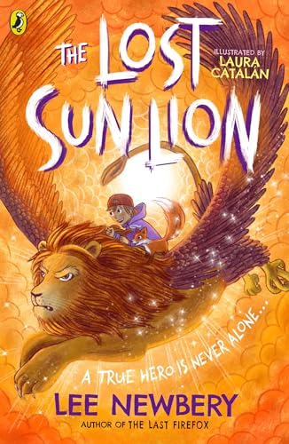 Boy riding a winged lion with a fiery orange background.