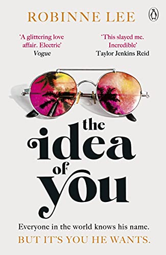 Book cover with large title, sunglasses reflecting a tropical sunset.