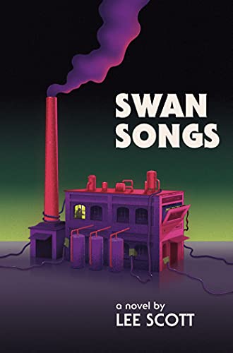 Book cover: purple industrial building with a red smokestack, dark background.