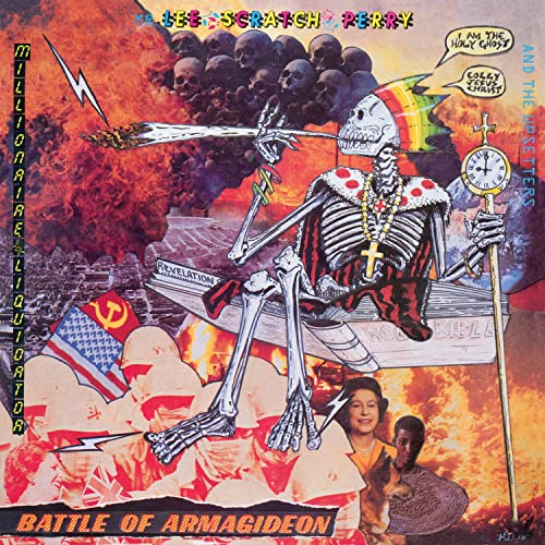 Lee Scratch Perry album cover: skeleton, lightning, flags, and religious imagery.