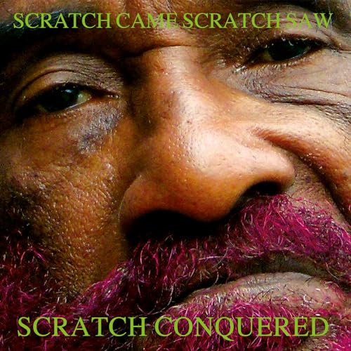 Close-up portrait of Lee "Scratch" Perry with pink facial hair.