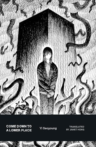 A person stands before a large black monolith surrounded by swirling, dark, ink-drawn tentacles.