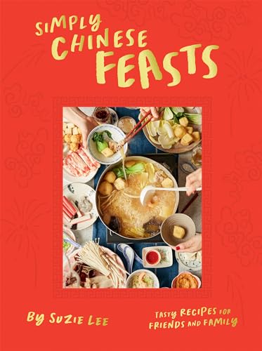 Cookbook cover with a vibrant red background and a photo of Chinese food.