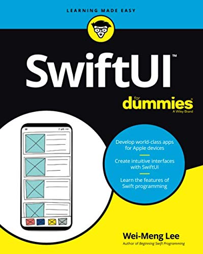 Book cover for "SwiftUI For Dummies" with a phone displaying app interfaces.