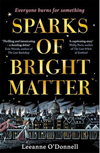 Book cover: “Sparks of Bright Matter” with figures and a city skyline.