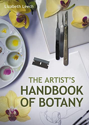 Book cover with orchids, paint palette, scalpels, and botanical illustration.