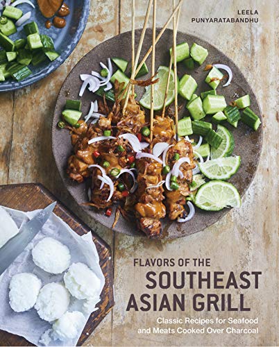 Cookbook cover featuring grilled chicken satay with lime, cucumber, and red onion.
