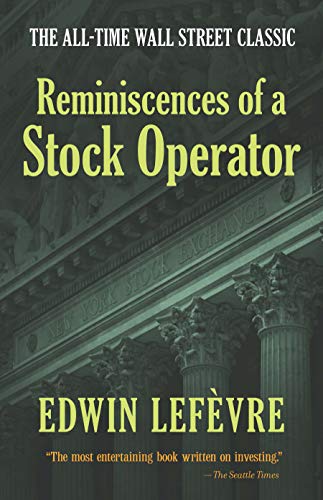 Book cover: "Reminiscences of a Stock Operator" with building facade.