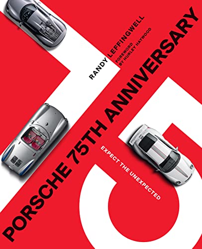 Red and white book cover featuring Porsche cars, titled "Porsche 75th Anniversary.