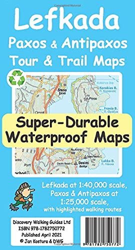 Map cover for Lefkada, Paxos, and Antipaxos with a cartoon hiker and barcode.