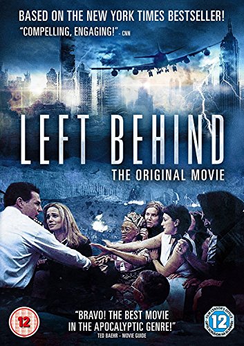 Left Behind" movie DVD cover featuring people and a plane amid chaos.