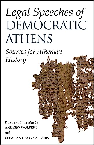 Book cover: "Legal Speeches of Democratic Athens" with ancient script image.