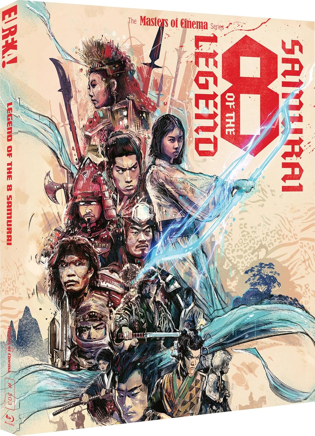 Blu-ray cover for “Legend of the Eight Samurai” featuring painted samurai portraits.