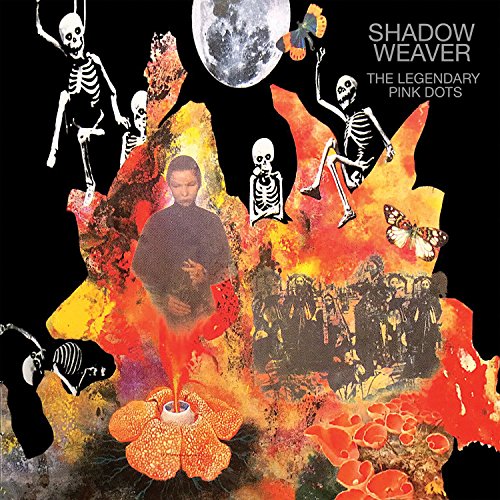"Album cover with skeletons, a man, and abstract design on a black background."