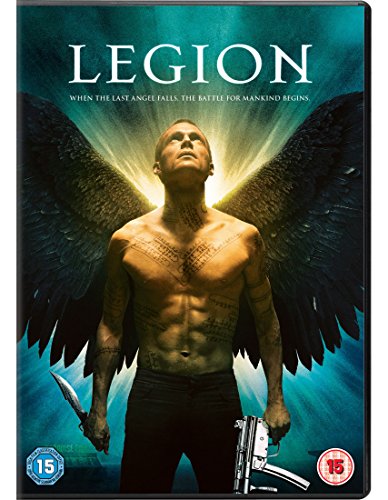 DVD cover of "Legion" featuring a muscular man with angel wings, holding a knife and gun.